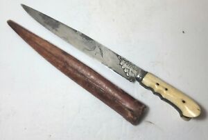 Antique Ottoman Decorated Long Knife With Rams Horn Handle 19th.century