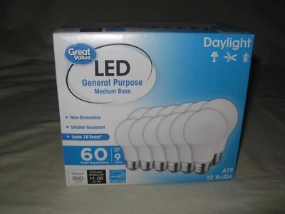 Great Value LED Light Bulb A19 Daylight 9W 60 Watt 12-Pack *Lasts 18 Years*