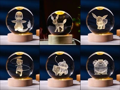 Boneco Pokemon TCG 3D bola de cristal natural com base de luz de madeira. Plug-in USB - Imagem 1 de 3