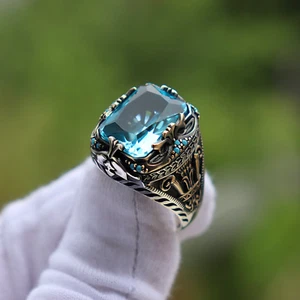 925 Sterling Silver Turkish Handmade Jewelry Aquamarine Men's Ring All Size - Picture 1 of 5