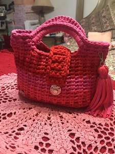 Handtasche rot, Futcia und Hot Pink. T-Shirt Garn, Trapillo, 100% Baumwolle - Bild 1 von 4