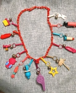 RETRO 1980's Bell Clip Necklace Vintage Charm Lipstick Bowling Pin - Picture 1 of 22