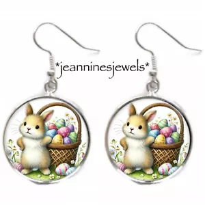 Easter Bunny EARRINGS Easter Egg Basket Silver Charm Dangle Earrings Easter Gift - Picture 1 of 13