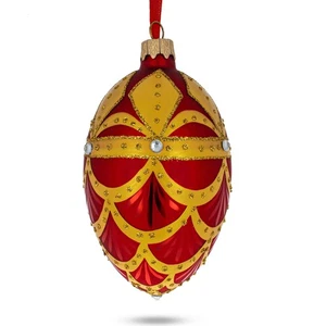 Gold Trellis on Red Egg Glass Ornament 4 Inches - Picture 1 of 4