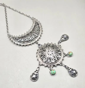 Filigranes versilbertes Collier mit Halbmond Medaillon Türkis Boho Ethno 72 cm - Bild 1 von 6