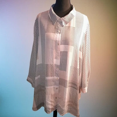 Rose And Olive 3x Women's Sheer Button-up Blouse Houndstooth Square Print Sheer - Image 1 of 4
