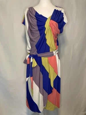 70s 80s Vibe Color Block Faux Wrap Midi Dress Tie Waist Max And Cleo Women’s L - Image 1 of 4