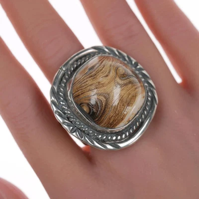 Anillo navajo vintage de plata con madera petrificada talla 11 Foto 1 de 4