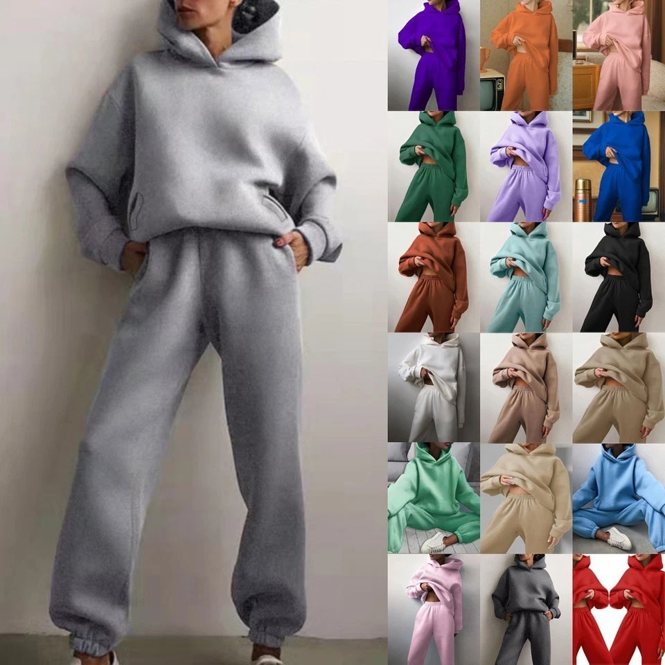 2Pcs Winter Ladies*Hoodies Pants Tracksuit Set Hooded Sweatshirt Pullover Fleece - Image 1 of 4