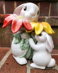 Vintage Fitz & Floyd Bunny Rabbit Flower Blooms Lidded Ceramic Cookie Jar Easter - Picture 1 of 16