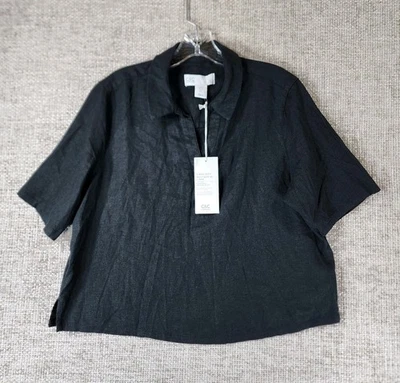 C&C California Linen Blend Crop Blouse Top Women Large Black Collared VNeck NWT - Image 1 of 4