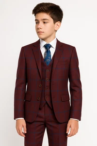 Boys Windowpane Check Suit Tailored Fit Burgundy Vintage Wedding Prom Dinner Set - Picture 1 of 12