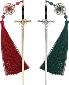 2 Pcs Sword Katana Bookmark Vintage Tassel Metal Pendant Book Lovers Gifts - Picture 1 of 5