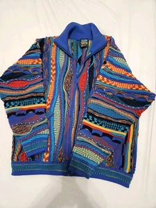 VTG Emaroo Wool 3D Knit Cardigan Sweater 90s Multicolor Mens Medium Coogi Style - Picture 1 of 18