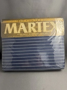 Martex 3 Pieces Twin Sheets Set Blue And White Stripes Vtg New - Picture 1 of 11