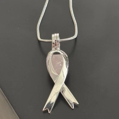 Breast Cancer Awareness Cage Necklace, Natural Rose Quartz Stone - Image 1 of 4