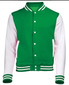 Green & White Cotton Fleece Varsity Jacket Letterman Bomber 2XS~7XL - Picture 1 of 10
