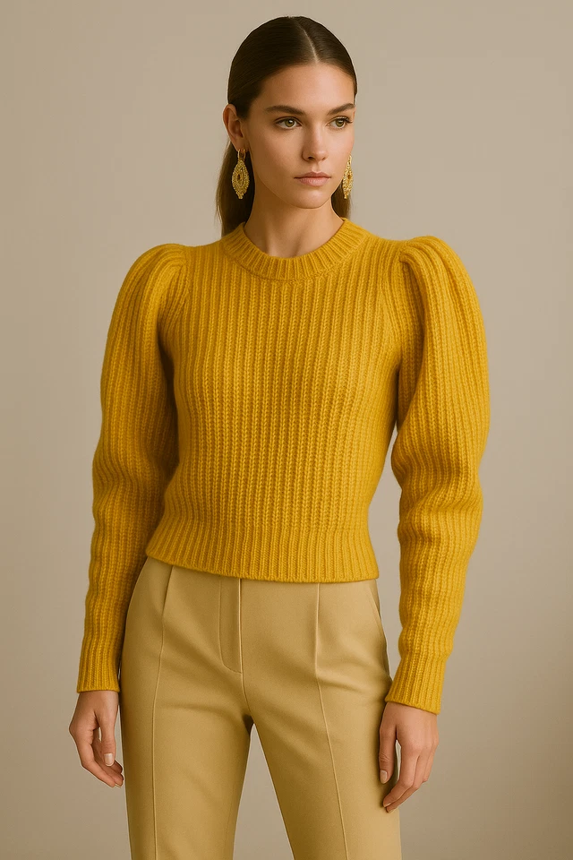 Antonio Melani Sweater Mustard Gold, Ribbed Knit, M,  Luxe & Warm,  Puff Sleeves - Image 1 of 4