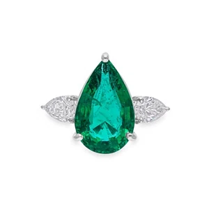 7.03 Tcw Synthetic Green Gemstone Natural SI/H Diamond Pear Ring 14k White Gold - Picture 1 of 9