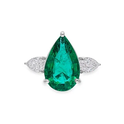 7.03 Tcw Synthetic Green Gemstone Natural SI/H Diamond Pear Ring 14k White Gold - Image 1 of 4