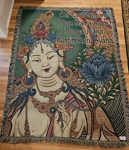 Vintage 100% Cotton White Tara(Sitatara) Tapestry Wall Hanging - 48" x 65" - Picture 1 of 9
