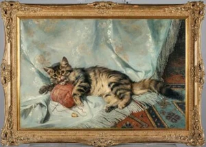 Handarbeit Altmeister-Kunst Antik Ölgemälde Tier Katzen Kätzchen auf Leinwand - Bild 1 von 2