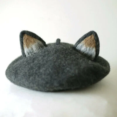 Women Fox Ear Wool Felt Beret Cap Cute Lolita French Warm Cute Painter Hat - Image 1 of 4
