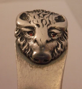 RARE Durgin Sterling Silver 5.75" Teaspoon Applied BULL BUFFALO HEAD Garnet EYES - Picture 1 of 8