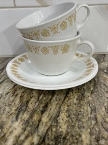 2 tazas platillos vintage retirados MCM 1970s Corelle *ORO MARIPOSA* - Imagen 1 de 17