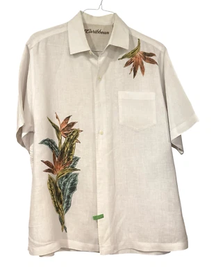 Caribbean Men's Ecru 100% Linen Graphic Leaf Button Up Short Sleeve Shirt Size L - Image 1 of 4