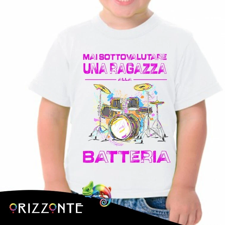 T-Shirt bambina mezza manica in cotone personalizzata ragazza alla batteria - Immagine 1 di 1