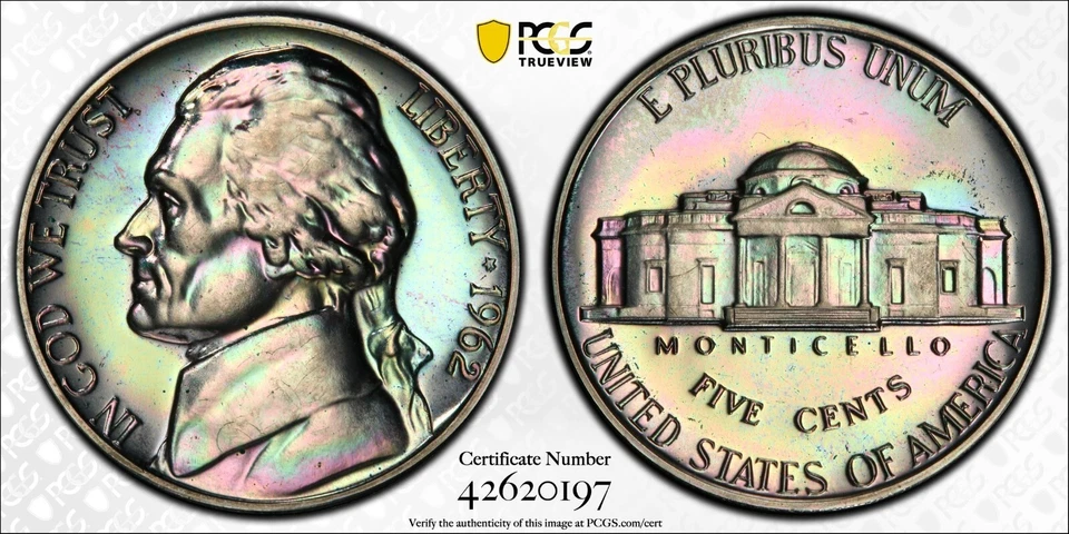 Cello Toned PCGS PR65 1962 Proof Jefferson Nickel 5c Trueview PQ Pink Green Gold - Image 1 of 1