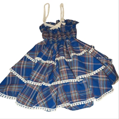 Vintage blue plaid and white lace layered ruffle dress - Image 1 of 4