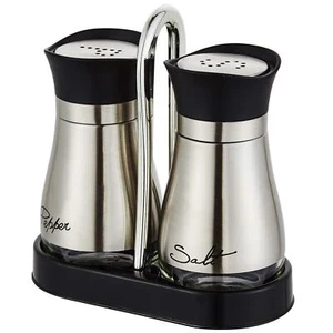 Stainless Steel Salt and Pepper Shakers Set with Holder for Kitchen Table Decor - Picture 1 of 8