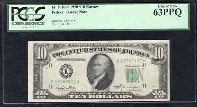 FR. 2010-K 1950 $10 NARROW FRN FEDERAL RESERVE NOTE DALLAS, TX PCGS UNC-63PPQ - Image 1 of 2