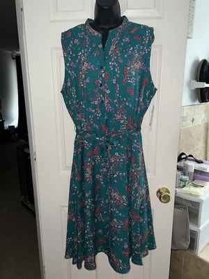 Vestido de Día Nanette Lepore Sin Mangas Pintuck Corbata Cintura Verde Azulado Floral Nuevo con Etiquetas Talla 16W Foto 1 de 4