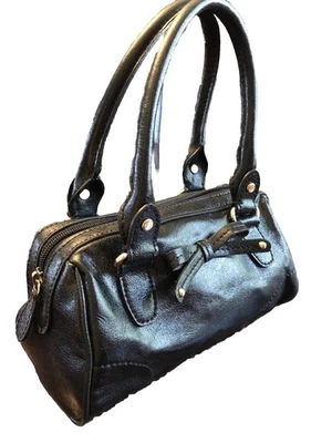 Liz Claiborne Black Shiny Faux Leather Mini Satchel Purse Bag Pink Lining NWOT - Image 1 of 4