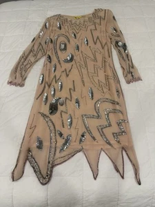 Vintage Long Sleeve Silk Cocktail Dress pale pink silver artistic beading Size S - Picture 1 of 12