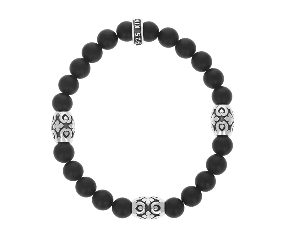 KING BABY K40-3407 Onyx Beaded Bracelet With 3 MB Cross Scroll Barrel Bead 7.5" - Image 1 of 1