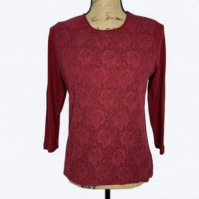 Chaps Floral Lace Overlay Top Sz M Maroon 3/4 Sleeve Dark Romantic Casual Office - Изображение 1 из 4
