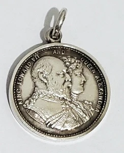 Antique 1902 King Edward VII & Queen Alexandra Coronation Silver Charm Pendant - Picture 1 of 5
