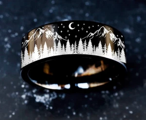 Black Unisex Tungsten Crescent Moon Stars Night Minimalist Wedding Ring - 8mm - Picture 1 of 3