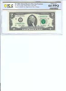 2003 $2 FRN FR1937-L* PCGS 64 PPQ, San Francisco * Note S/N L00006176*!!! - Picture 1 of 2