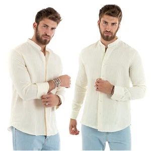 Camicia Uomo Collo Coreano Manica Lunga Lino Cotone Rigata Gialla - Imagen 1 de 14