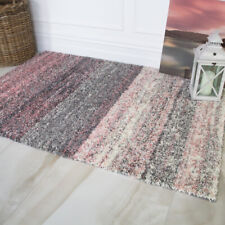 Pink & Grey Fluffy Rugs for Bedroom | Super Soft Shaggy Rug | Twist Pile Striped