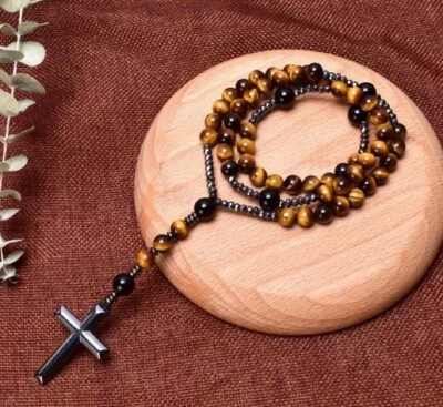 Natural Obsidian Tiger's Eye Necklace Hematite Stone Stainless Steel Cross - Image 1 of 3