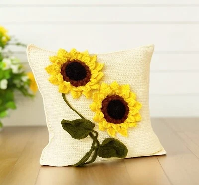 Funda de almohada 3D "Girasoles", funda de almohada de ganchillo de algodón, cojín hecho a mano Foto 1 de 4