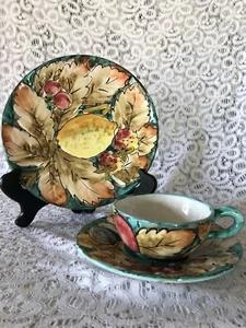 3 Pc Set DERUTA MAJOLICA ITALY DIP A MANO CERAMIC BOWL PLATE CUP SAUCER FRUITS - Picture 1 of 7