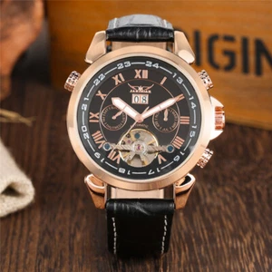 JARAGAR Mechanical Watch for Men Luxury Leather Strap Wristwatches Reloj Hombre - Picture 1 of 14