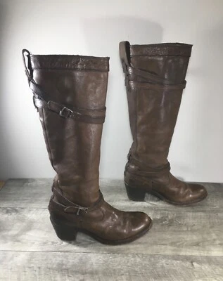 Frye 76396 Jane Strappy Brown Leather Knee High Heel Riding Womens Boots Sz 6.5 - Image 1 of 4